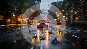 Generative ai illustration of Car driving in rain and storm abstract background