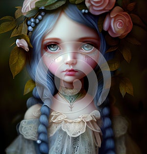 Generative AI:illustration of child with flowers in her hair a fantasy Character