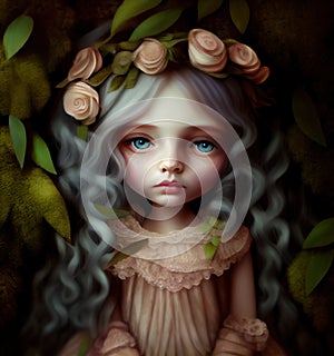 Generative AI:illustration of child with flowers in her hair a fantasy Character