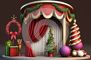 Generative AI illustration of christmas ornaments on stage with red curtains