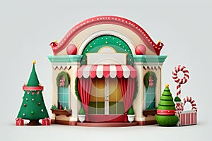 Generative AI illustration of christmas store with christmas tree and candy cane