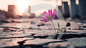 Generative ai illustration Close up on Pink flower growing on crack street