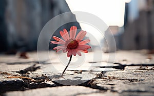Generative ai illustration Red Pink flower growing on crack street