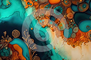 Generative AI illustration of colorful teal and orange alcogol ink spill on marble with organic growth abstract background