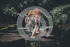 Generative AI illustration of colorful vibrant tiget in dense jungle landscape location