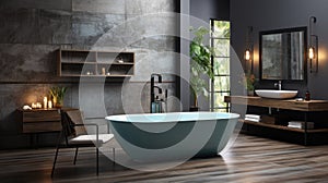 Generative ai illustration of Comfortable bathtub with vanity basin in modern interior