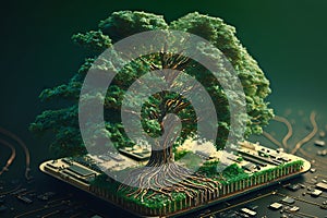 Generative AI illustration of a computer chip with a tree in the center