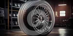 Generative AI illustration of contemporary car wheel with glossy tire and shiny metal rim placed in workshop