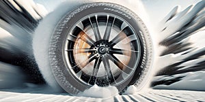 Generative AI illustration of contemporary tire wheel with metal rim placed on snowy road in winter forest