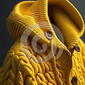 Generative AI illustration of cozy yellow knitted sweater with hood and brown buttons on gray background