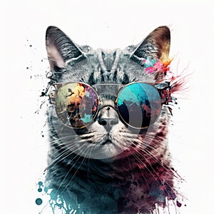 Generative AI illustration of creative adorable cat with trendy sunglasses against white background