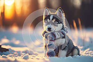 Generative AI illustration of cute adorable huskie puppy dog in Witner snowy forest landscape