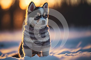 Generative AI illustration of cute adorable huskie puppy dog in Witner snowy forest landscape