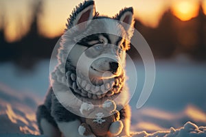 Generative AI illustration of cute adorable Huskie puppy dog in woodland landscape witrh sunrise light glowing through the trees