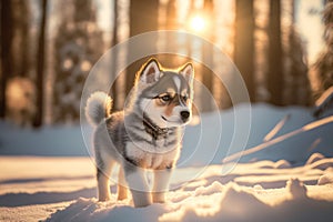 Generative AI illustration of cute adorable Huskie puppy dog in woodland landscape witrh sunrise light glowing through the trees
