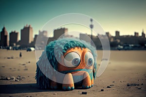 Generative AI illustration of cute adorable little alien abanodned and homeless in big Earth city, concept of loneliness and being photo