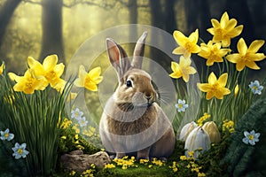 Generative AI illustration of cute adorable rabbit bunny at Easter in forest landscape surrounded by Spring daffodils