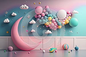 3d background with pastel colored wall with moon and stars, generative ai illustration