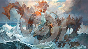 Generative AI illustration digital abstract impressionism painting of Japanese Manga style imsge of sea nymphs with sea monsters