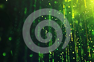 Generative Ai illustration. Digital data streams flow into each other - green binary code series