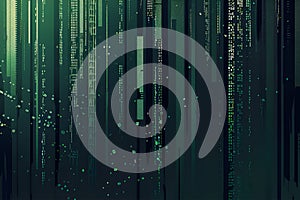 Generative Ai illustration. Digital data streams flow into each other - green binary code series