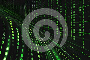 Generative Ai illustration. Digital data streams flow into each other - green binary code series