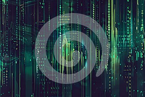 Generative Ai illustration. Digital data streams flow into each other - green binary code series