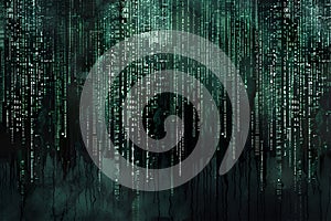 Generative Ai illustration. Digital data streams flow into each other - green binary code series