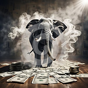 Generative AI illustration of an elephant stepping on a pile a money while smoke drifts upwards