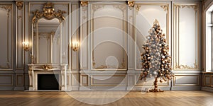 Generative ai illustration of Empty room with decorated christmas Tree