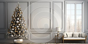 Generative ai illustration of Empty room with decorated christmas Tree