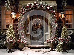 Generative AI illustration of entrance door decorated with Christmas wreath red bows and baubles in winter time photo