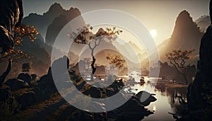 Generative AI illustration epic landscape of Asian landscape inspired mountain range and river flowing through valley during