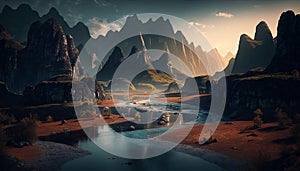 Generative AI illustration epic landscape of Asian landscape inspired mountain range and river flowing through valley during