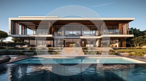 Generative ai illustration of external view on a contemporary house with swimming pool