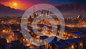 Generative AI illustration of Fairy- tale Arabian night cityscape During ramadan. dreamy arabic bright lighting city landscape