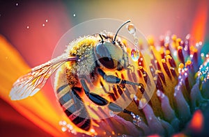 Generative AI illustration of Flying honey bee collecting pollen