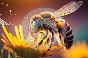 Generative AI illustration of Flying honey bee collecting pollen