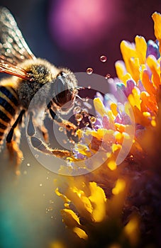 Generative AI illustration of Flying honey bee collecting pollen