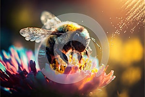 Generative AI illustration of Flying honey bee collecting pollen