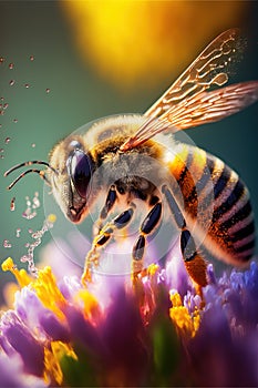 Generative AI illustration of Flying honey bee collecting pollen