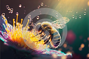 Generative AI illustration of Flying honey bee collecting pollen