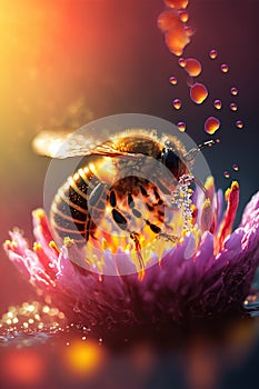 Generative AI illustration of Flying honey bee collecting pollen