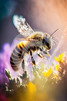 Generative AI illustration of Flying honey bee collecting pollen