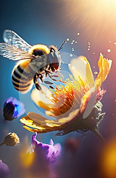 Generative AI illustration of Flying honey bee collecting pollen