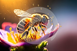 Generative AI illustration of Flying honey bee collecting pollen