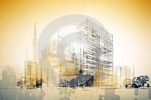 Generative Ai illustration of a future building construction engineering project devotion with double exposure graphic design