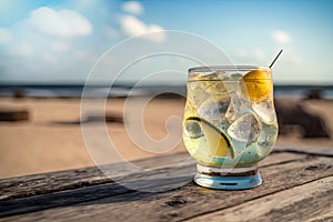 Generative AI. Illustration of a glass with cool cocktail on wooden table on the beach. Sea vacation, bar on a tropical beach