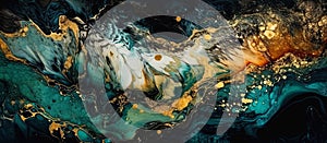 Generative AI illustration in gold and black ink and for an abstract blue marble background. Horizontal, panoramic