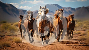 Generative ai illustration of Group of horses running gallop in natural environment